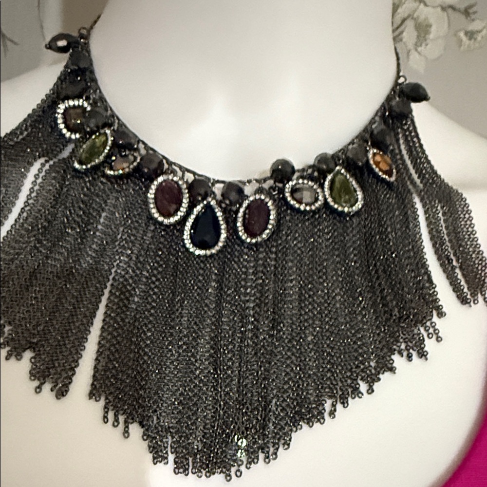 Lauren Ralph Lauren Silver Fringe Necklace with Multi-Color Stones